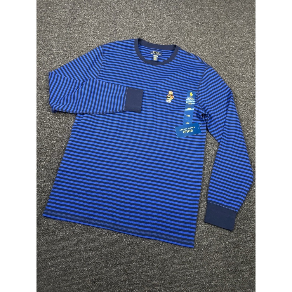 New Polo Ralph Lauren Shirt Men Large Blue Striped Thermal Long Sleeve Polo Bear - Picture 2 of 9